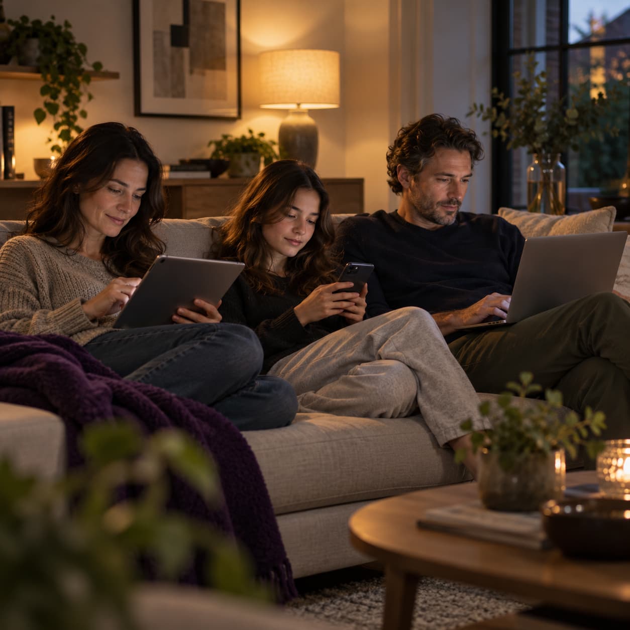 A family relaxing on the sofa at home with a tablet, phone and laptop