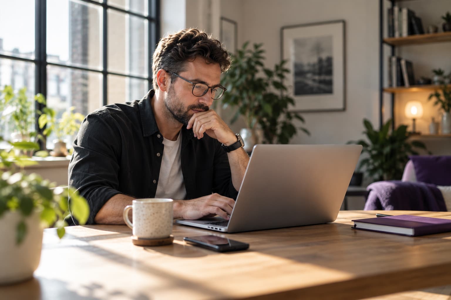 A founder working at a laptop in a sunlit home office